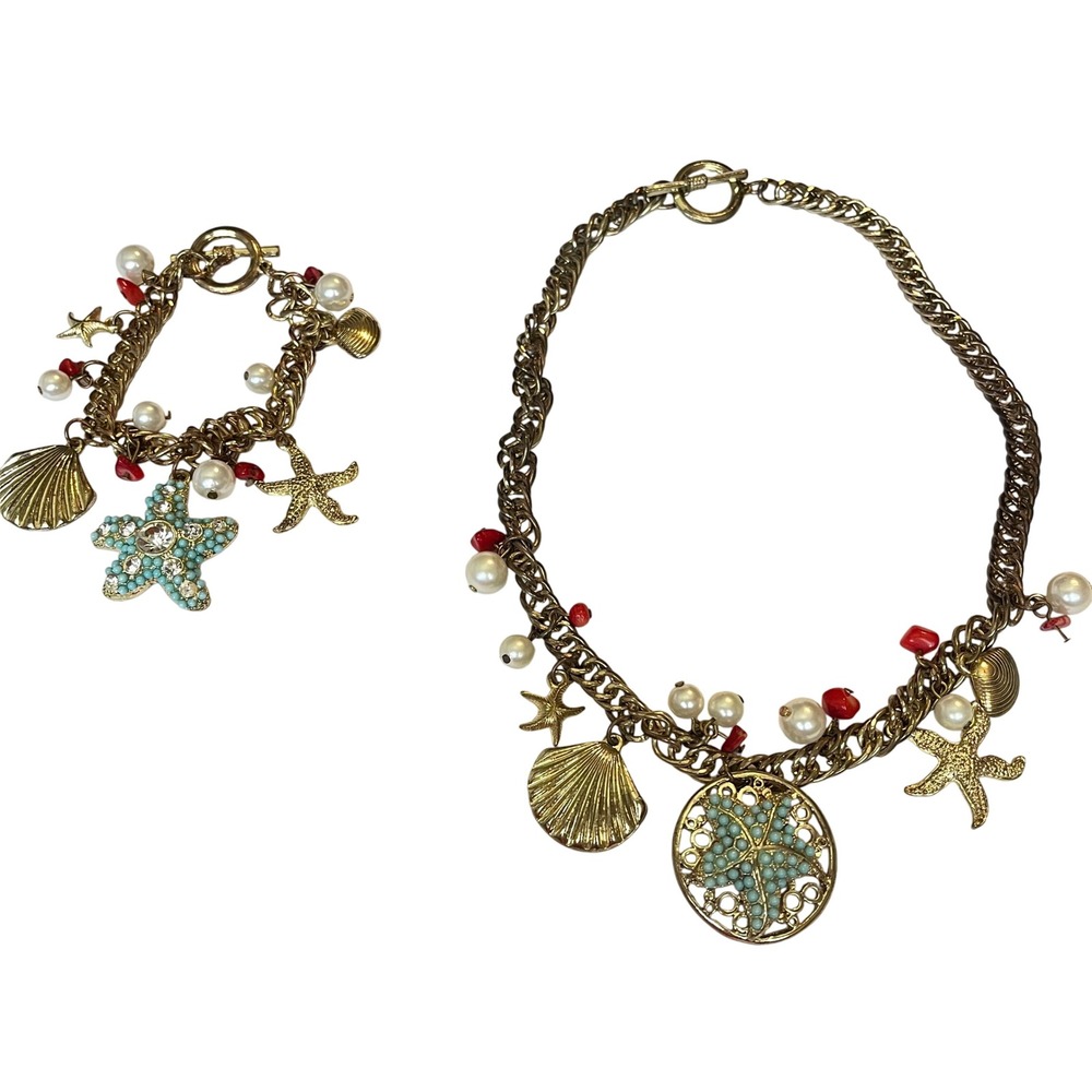 Vintage Charm Necklace Bracelet Set Gold Shell‎ Starfish Pearl Red Bead Coastal
